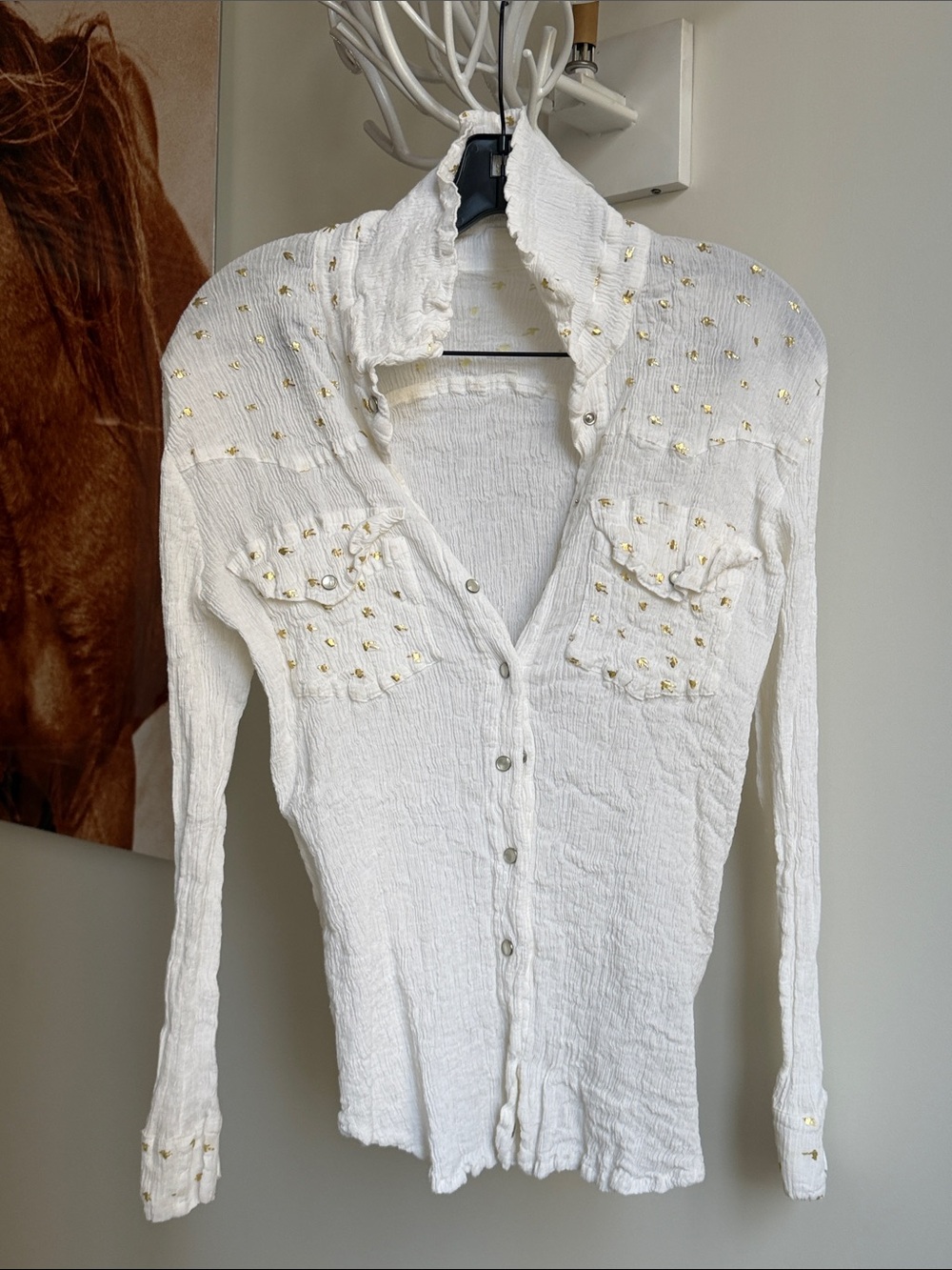 White Long-Sleeve Studded Button-Up Top